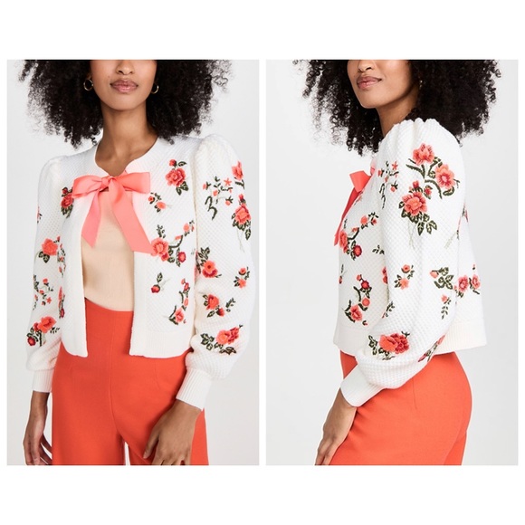 Alice + Olivia Kitty Floral Puff Sleeve Bow Tie Cardigan Sweater - Picture 7 of 17